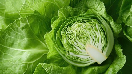Obraz premium Close-up of a halved green cabbage, showcasing its fresh, crisp leaves and vibrant color.
