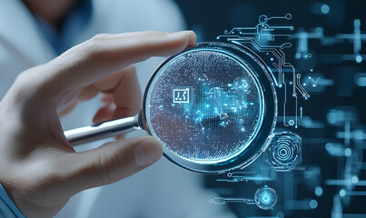 Magnifying Glass Inspection, a hand examines a digital display closely, revealing intricate details and emphasizing precision in analysis.
