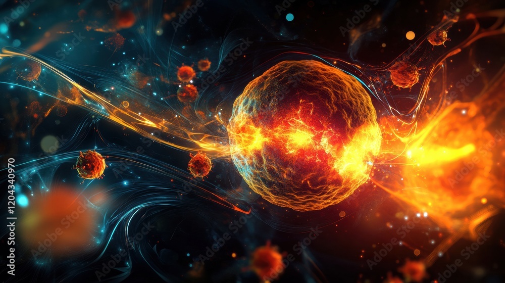Poster exploring the vibrant dynamics of cosmic particles in an abstract representation of space phenomena.