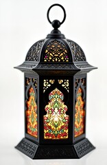 Obraz premium Beautiful decorative Ramadan lantern. Black decorative islamic lantern with colorful stained glass design. Intricate arabic patterns. Light glows inside. Perfect for Eid celebrations. Classic,