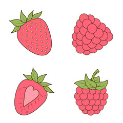 Set of fresh strawberries and raspberries in cartoon style. Vector illustration in a flat cartoon style. Suitable for packaging design, labels, textiles and for creating patterns.