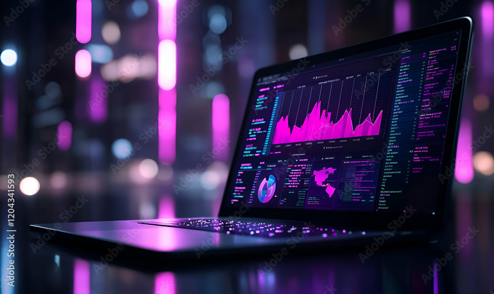 Poster kpi dashboard visualization, a laptop screen showcasing dynamic key performance indicators, colorful