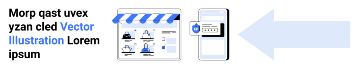 Digital storefront with product icons connected to a mobile device showing a secure payment screen and blue arrow. Ideal for e-commerce, online shopping, mobile payment, security, technology, user