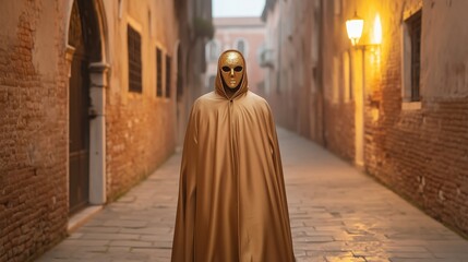 Naklejka premium Masked figure in golden cloak walking down an empty historic alley at dusk
