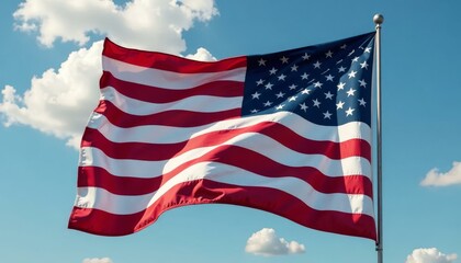 Obraz premium US Flag Waving on a Cloudy Blue Sky