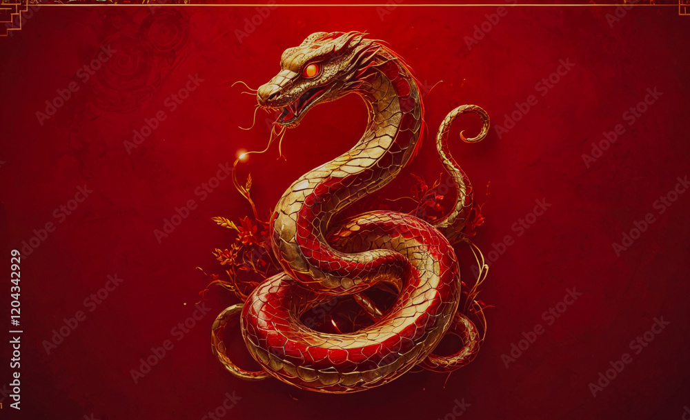 Poster red snake with gold scales and a glowing eye. the snake is curled up and he is sleeping