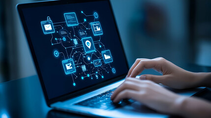 E-learning Hub, a laptop screen displaying an array of online courses, vibrant interface, various subjects, accessible education at fingertips