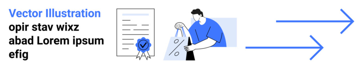 Businessman holding shopping bag, official document with ribbon, and forward-pointing arrows. Ideal for business growth, achieving milestones, success, e-commerce, certifications, progress future