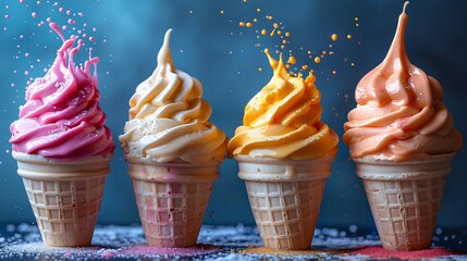 Four delicious colorful ice cream cones with splashes of vibrant colors on blue background 