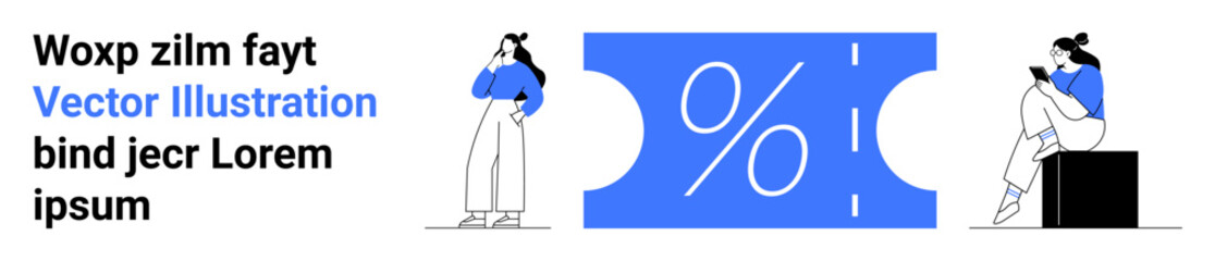 Two women in blue and white outfits stand and sit around a large blue percentage symbol. Ideal for e-commerce, promotions, discounts, advertising, marketing, sales, online shopping. Landing page