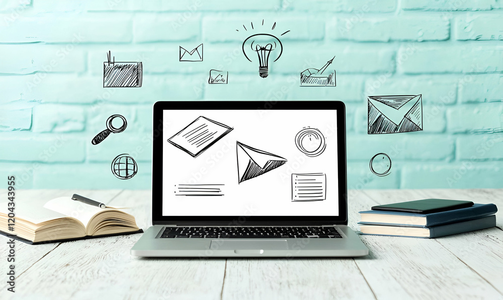 Poster digital learning hub, a laptop displaying an interactive e-learning platform with diverse educationa