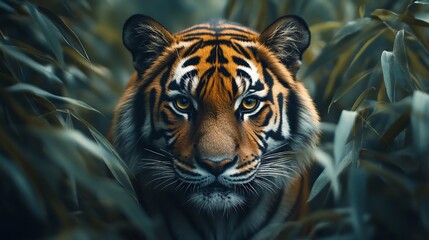 Fototapeta premium Tiger in jungle, staring intently. Wildlife conservation poster