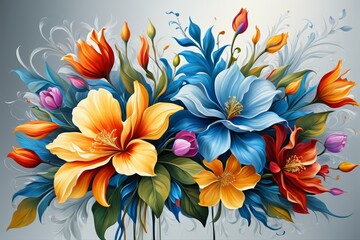 brightly colored flowers are arranged in a vase on a gray background