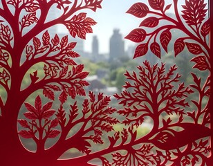 Crimson Tree Silhouette Panel: A Cityscape View