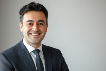 Handsome and friendly European man, in a gray jacket and white shirt, with a smile on his face, happy and confident, on a gray background. With space for text