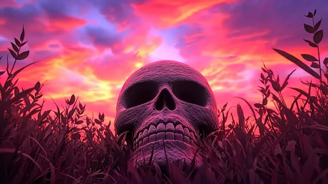 A surreal skull in vibrant grass under a colorful sky.