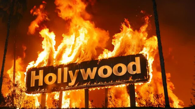  the "Hollywood" sign on fire in the LA forest fires