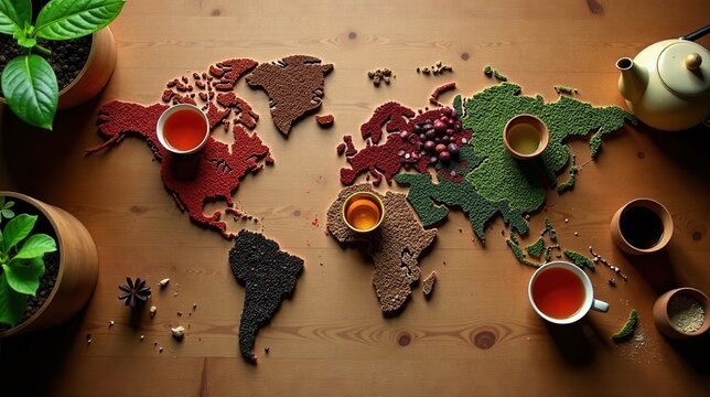 Aromatic World Map Crafted from Diverse Tea Leaves and Spices, Surrounding Cups of Brewed Beverages