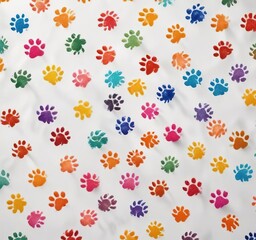 Top view of pattern with colorful dog paw prints scattered across a white surface, texture, scattered