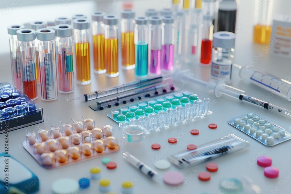 Aufkleber Collection of various medications and laboratory equipment arranged on a clean surface in a clinical setting. Generative AI