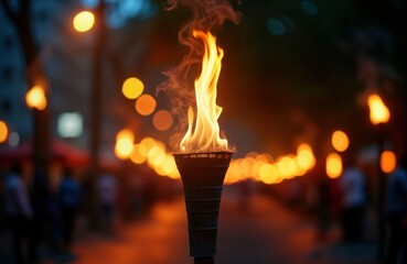 Torch brightly flames in evening city street. People walking with torches. Nightlife event, celebration festival atmosphere. Dark city scene. Warm light from torches, city lights. Handmade torch.