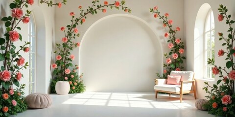 Serene Room Decor Archway Adorned with Blooming Rose Vines, Cozy Chair, and Soft Floor Cushions