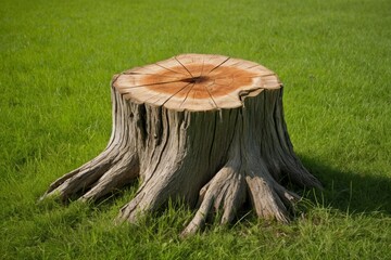 there is a tree stump that is sitting in the grass