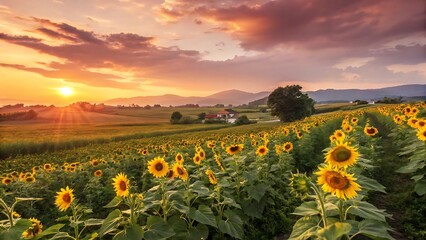 Obraz premium Golden Sunflowers field at blooming farm agricultural Summer sunset and bright sun lights background in Thailand