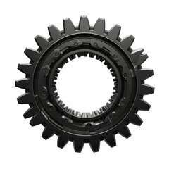Dark industrial gear, high contrast black and white, circular mechanical component, intricate teeth pattern, shadows and highlights, metallic texture, close-up detail, steampunk aesthetic, monochromat