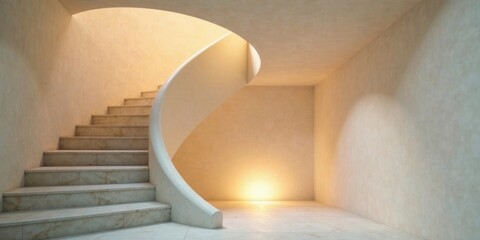 Naklejka premium Elegant curved staircase in a minimalist interior space with soft, warm lighting creating a serene atmosphere