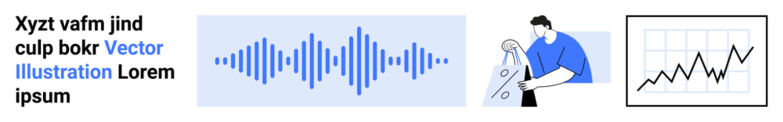 Obraz premium Visual elements show sound wave patterns, a worker handling cables, a line graph displaying trends, and placeholder text. Ideal for technology, communication, data analysis, productivity