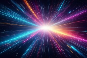 a close up of a colorful light burst with stars in the background