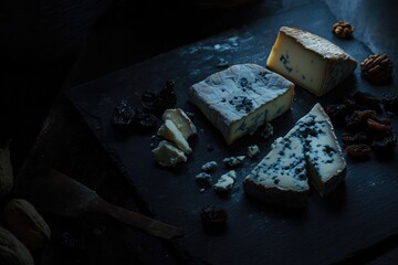 Dark ambiance highlights exquisite cheese selection, showcasing