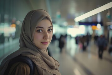 Beautiful Muslim woman with hijab looking at camera in airport, Ai Generated