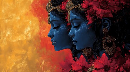 Twin Goddesses, fiery background, spiritual art, religious devotion