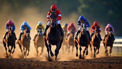 Jockeys, horses compete in horse racing event on racetrack. Fast horses, riders gallop on track. Image captures energy, excitement of competition. Sunny day outdoors. Focus on brown horse, rider in
