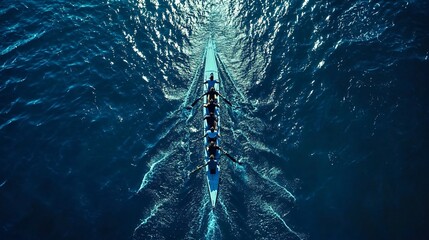 Team of Rowers Synchronizing on Open Water with Sparkling Waves