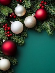 Holiday Evergreen Ornament Backdrop - Festive winter scene with evergreen boughs, red and white ornaments, and red berries. Symbolizing joy, celebration, tradition, winter, and hope.