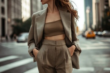Fototapeta premium Stylish woman in chic outfit walks confidently through urban str