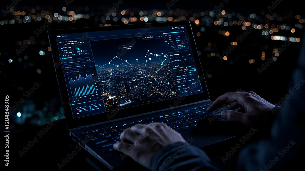 Poster digital workspace, individual engaged with a laptop, kpi graphics displayed, illustrating data analy