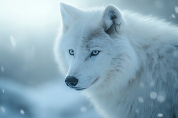 Obraz premium Close-up of a white wolf with striking blue eyes in a snowy background