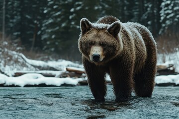Fototapeta premium Majestic brown bear standing in a shallow river with a snowy forest background