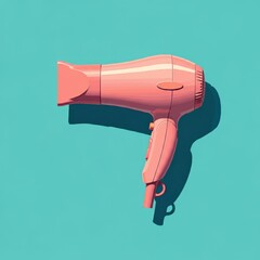 Pink retro hair dryer, teal background, flat design, minimalist style, long shadow, vibrant colors, 3D render, product photography, pop art aesthetic, clean lines, pastel palette, consumer electronics