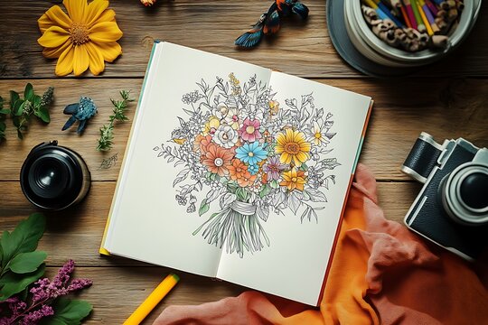 Floral Zentangle Coloring Book Page with Vintage Camera & Crafts