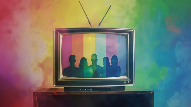 Illustration of LGBT people and ally on a tv screen with rainbow flag colors in a livingroom home