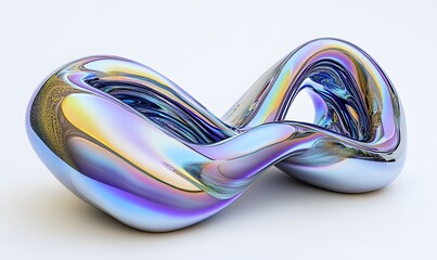 Iridescent, abstract, metallic sculpture with a flowing, continuous form.