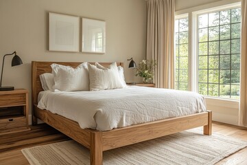 Spacious bedroom features natural light, wooden elements, and co
