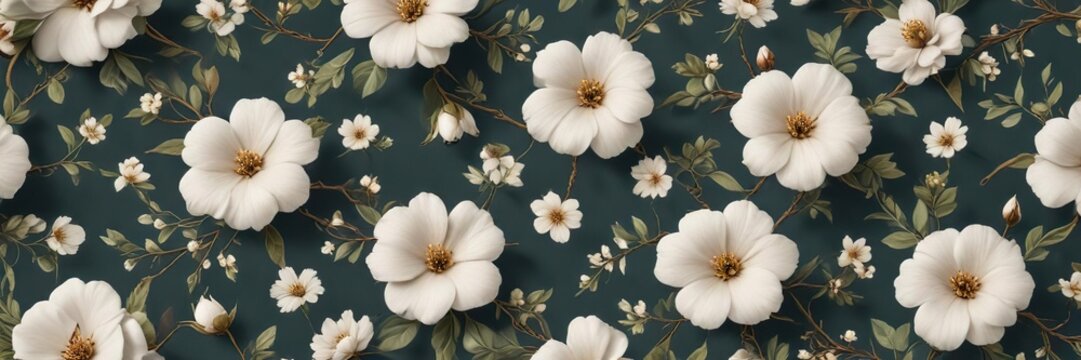 Vintage inspired cotton flowers and twigs pattern, timeless, elegant, trendy, nostalgia, inspired
