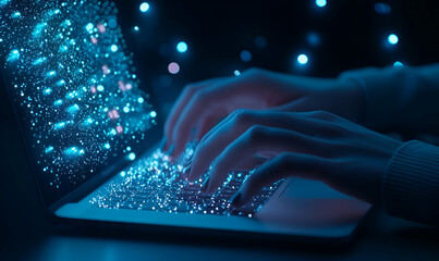 Focused individual typing on a laptop, digital overlay of data and graphics enhancing the workspace atmosphere, modern and dynamic environment.