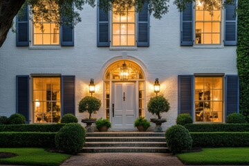 Beautifully illuminated home entrance with lush landscaping during evening hours, showcasing traditional architecture and inviting ambiance